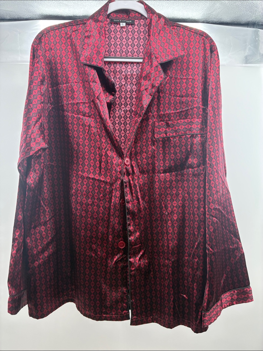 Men's Red Geometric Satin Button-Up Shirt